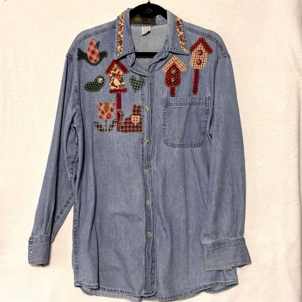 Vintage Denim Shirt Embroidered Appliqué Wearable Art Birdhouses
